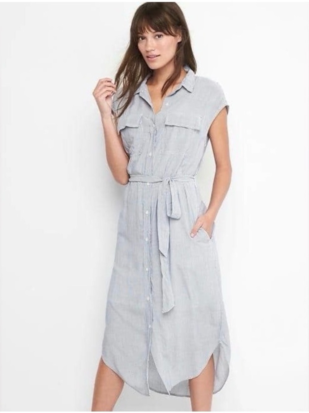 GAP Cap Sleeve Blue Button-Down Tie-Waist Shirt Dress Size XS